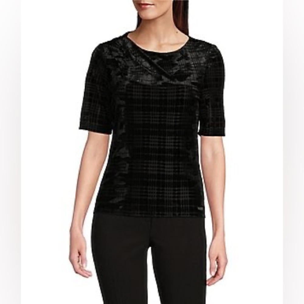 NWT Calvin Klein Women's Printed Velvet Elbow-Sleeve Top Black